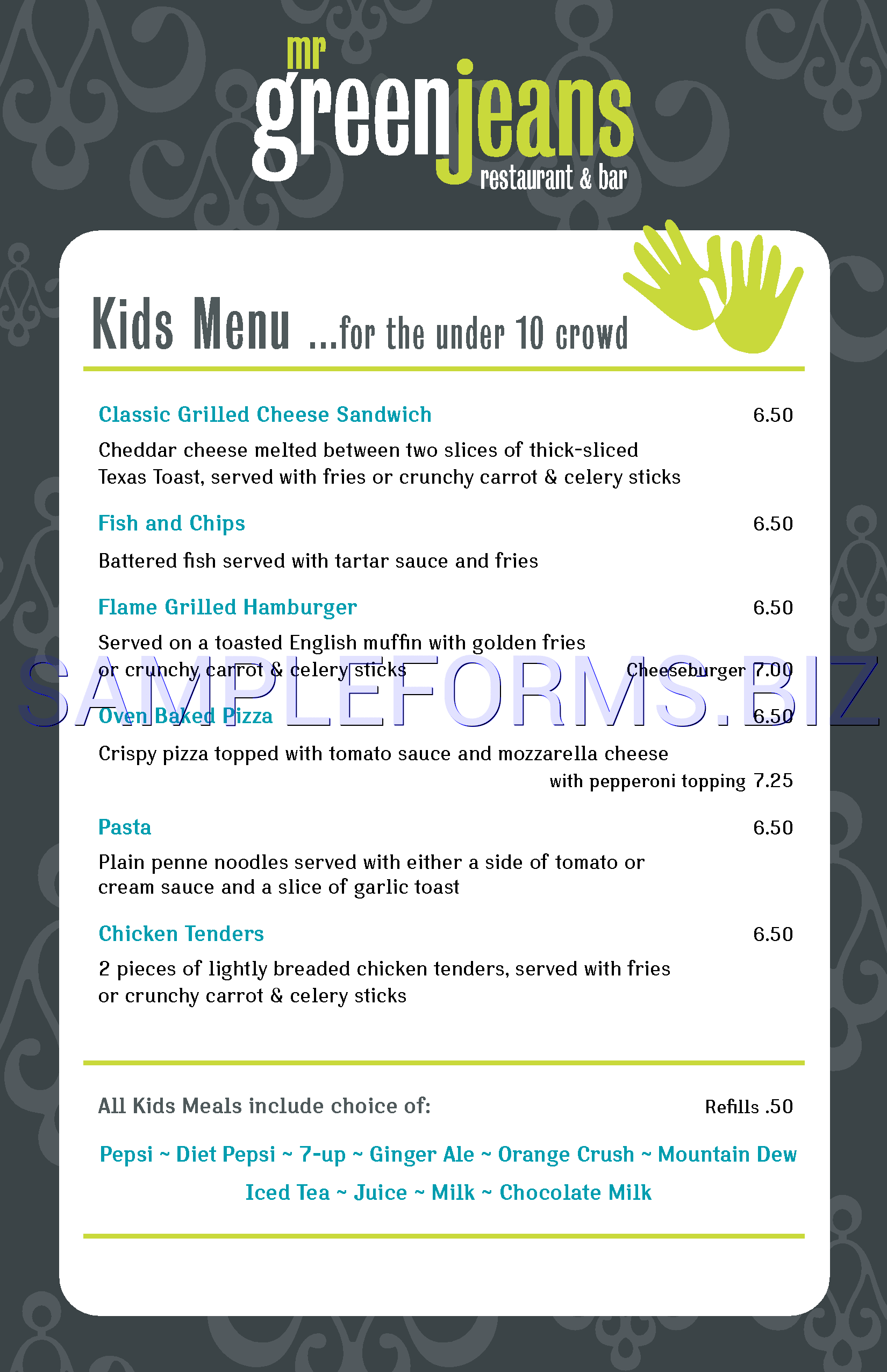 Preview free downloadable Kids Menu for the Under 10 Crowd in PDF (page 1)